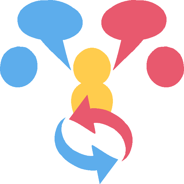 a simplified emoji-yellow figure on top of a blue and pink looping arrows symbol, speaking a blue speech bubble to a blue circle and a pink speech bubble to a pink circle